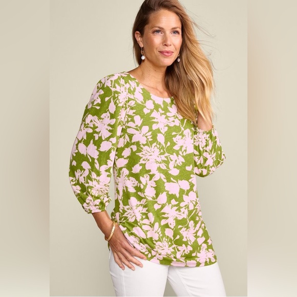 Soft Surroundings Tops - Soft Surroundings Ashley‎ Linen Blend Tunic Top Medium Petite Floral Green Pink